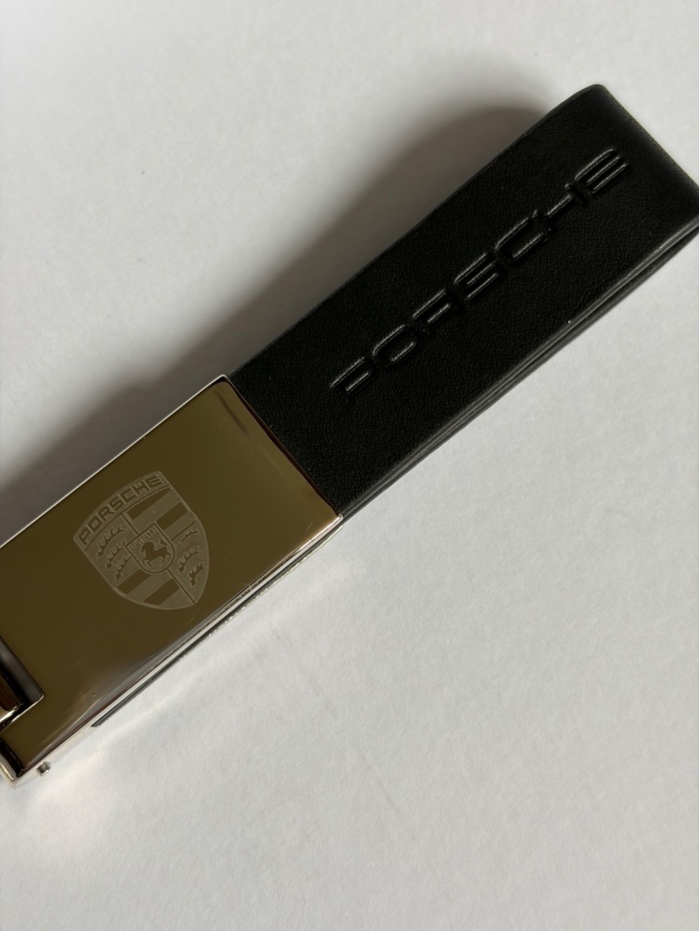 Porsche inspired leather chrome metal key ring
